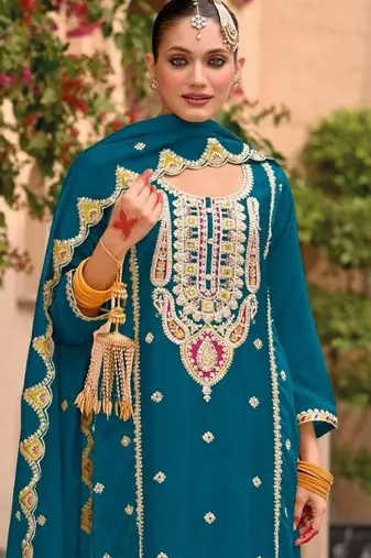 teal blue chinon embroidered partywear unstitched dress material