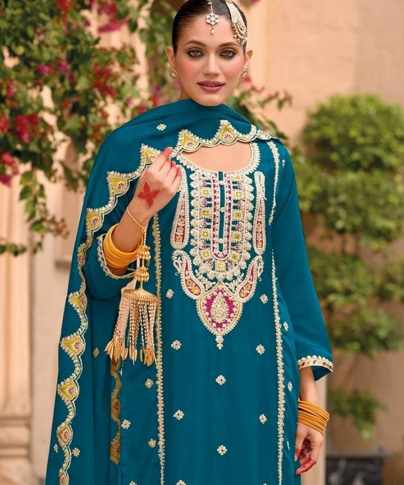 teal blue chinon embroidered partywear unstitched dress material