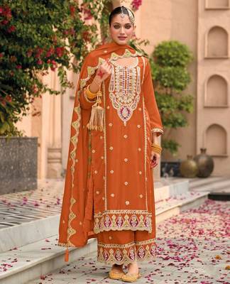 rust chinon embroidered partywear unstitched dress material 1
