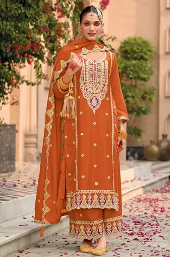 rust chinon embroidered partywear unstitched dress material