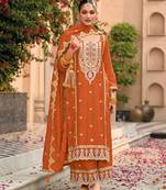 rust chinon embroidered partywear unstitched dress material