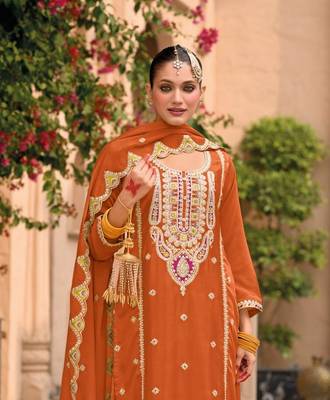 rust chinon embroidered partywear unstitched dress material 2