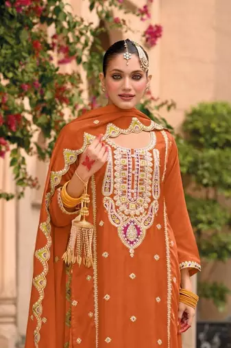 rust chinon embroidered partywear unstitched dress material