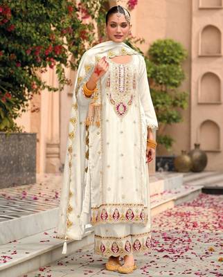 white chinon embroidered partywear unstitched dress material 1