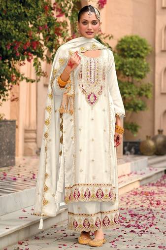 white chinon embroidered partywear unstitched dress material