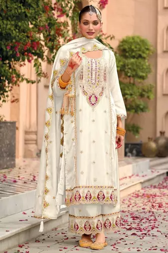 white chinon embroidered partywear unstitched dress material