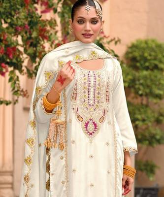 white chinon embroidered partywear unstitched dress material 2