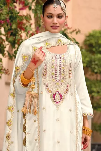 white chinon embroidered partywear unstitched dress material