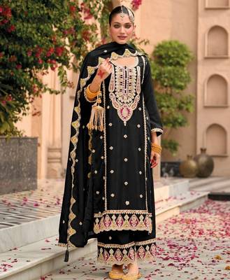 black chinon embroidered partywear unstitched dress material 1