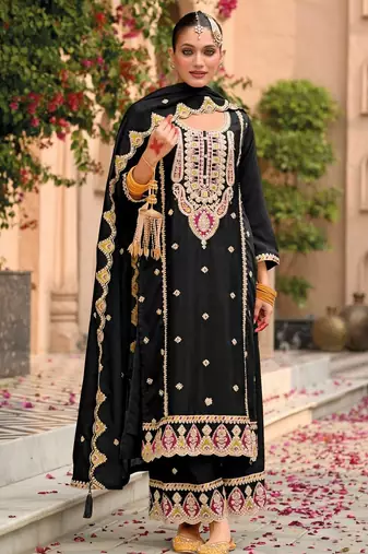 black chinon embroidered partywear unstitched dress material