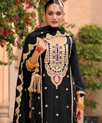 black chinon embroidered partywear unstitched dress material 2