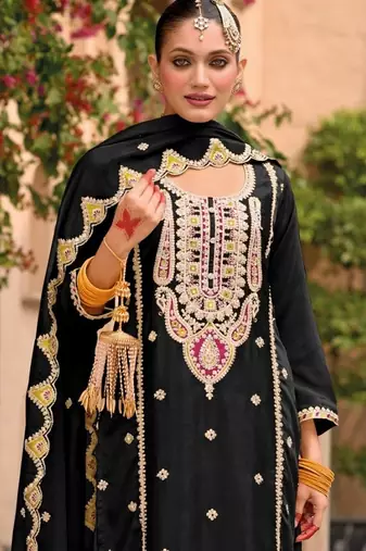 black chinon embroidered partywear unstitched dress material