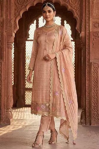pink gold silk blend embroidered partywear unstitched dress material