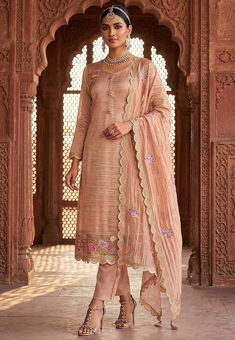 pink gold silk blend embroidered partywear unstitched dress material