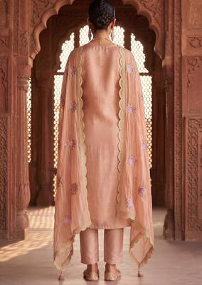 pink gold silk blend embroidered partywear unstitched dress material 2