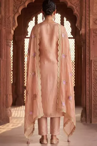 pink gold silk blend embroidered partywear unstitched dress material