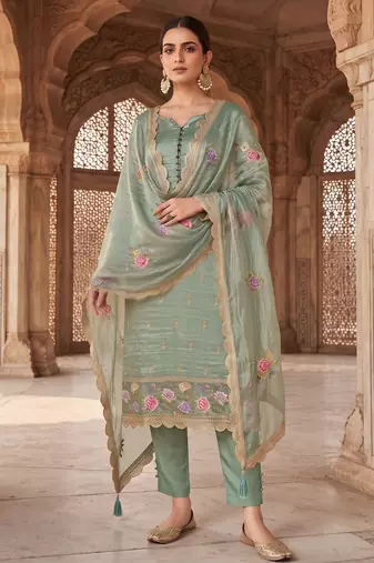 green gold silk blend embroidered partywear unstitched dress material