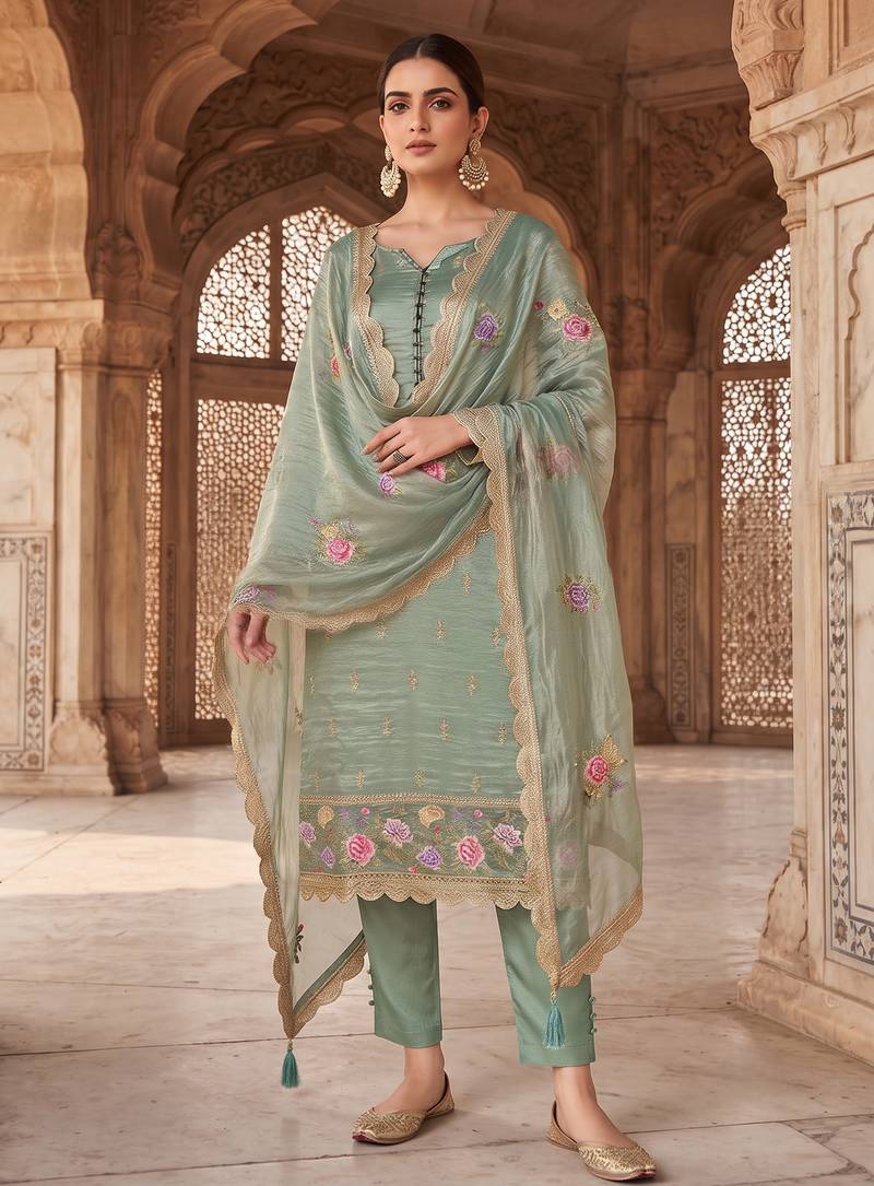 green gold silk blend embroidered partywear unstitched dress material