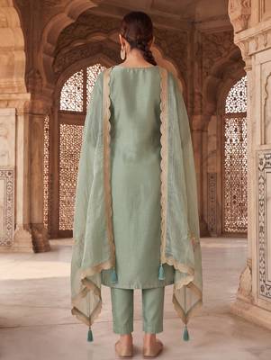 green gold silk blend embroidered partywear unstitched dress material 2