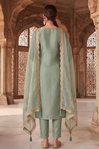 green gold silk blend embroidered partywear unstitched dress material