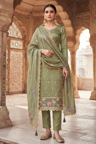olive gold silk blend embroidered partywear unstitched dress material
