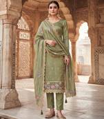 olive gold silk blend embroidered partywear unstitched dress material