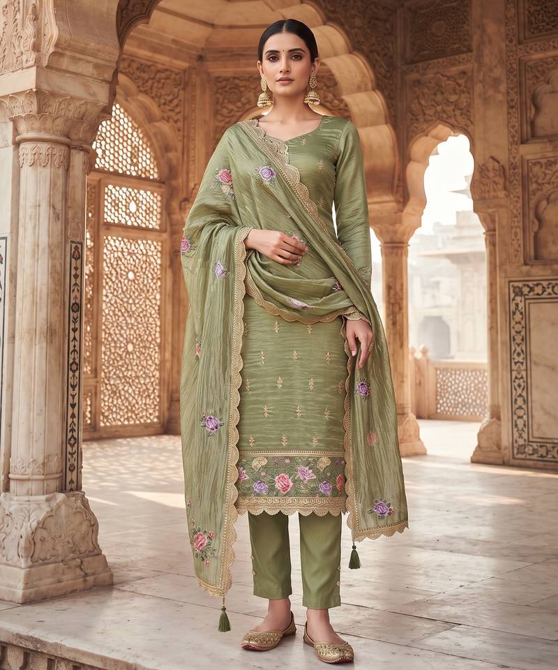 olive gold silk blend embroidered partywear unstitched dress material