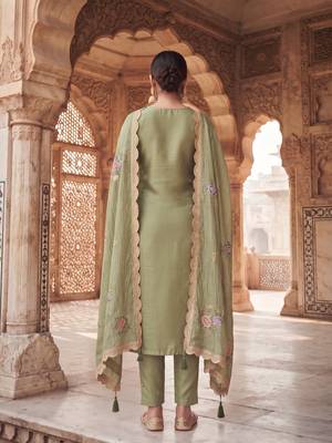 olive gold silk blend embroidered partywear unstitched dress material 2