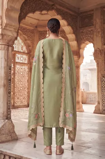 olive gold silk blend embroidered partywear unstitched dress material