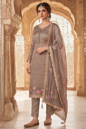 brown gold silk blend embroidered partywear unstitched dress material