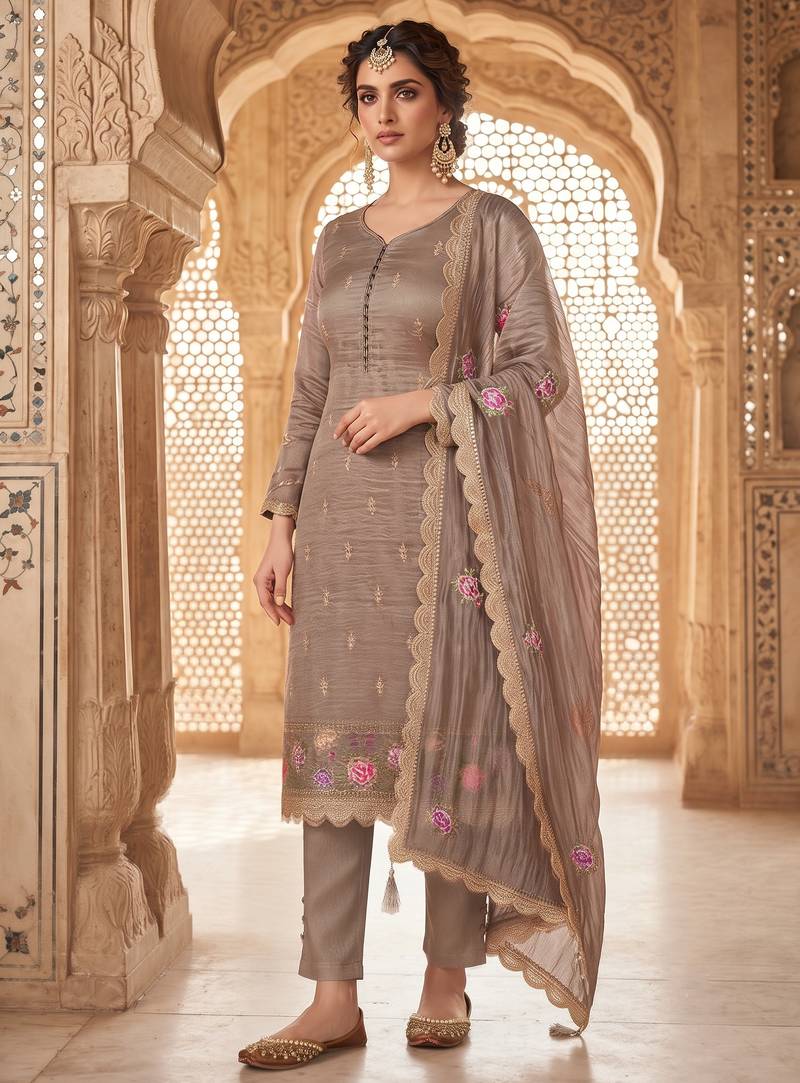 brown gold silk blend embroidered partywear unstitched dress material