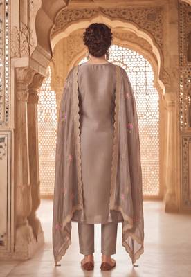 brown gold silk blend embroidered partywear unstitched dress material 2