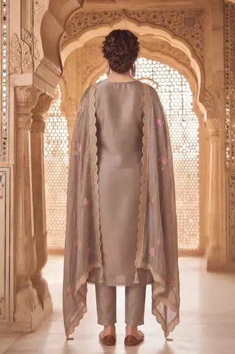 brown gold silk blend embroidered partywear unstitched dress material