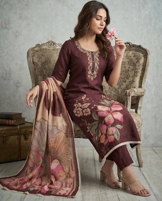 brown smart and elegant ceremonial unstitched dress material 3