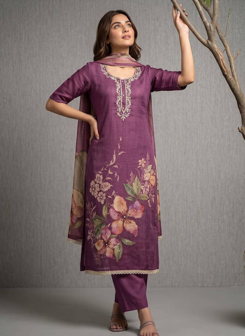 purple smart and elegant ceremonial unstitched dress material
