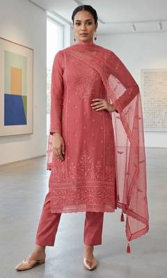 red organza chiffon designer embroidered unstitched dress material 1