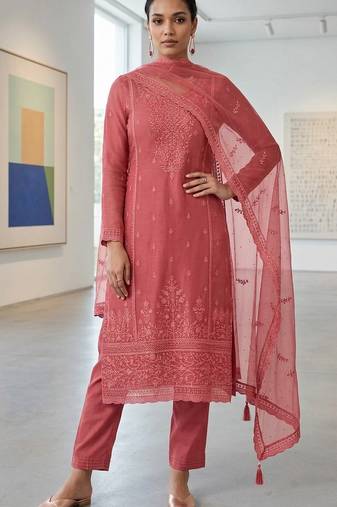 red organza chiffon designer embroidered unstitched dress material