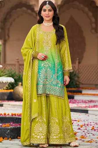 Women Ombre Embroidered Regular Kurta with Sharara & With Dupatta