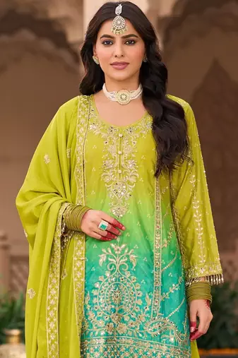 Women Ombre Embroidered Regular Kurta with Sharara & With Dupatta