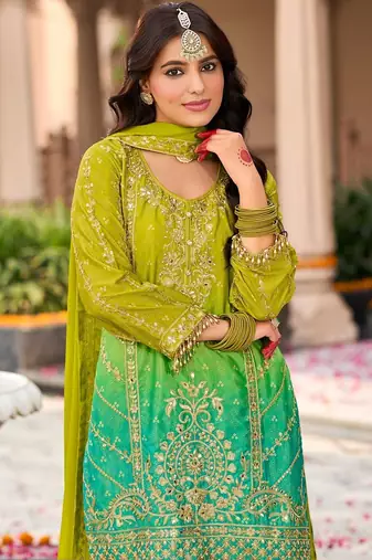 Women Ombre Embroidered Regular Kurta with Sharara & With Dupatta