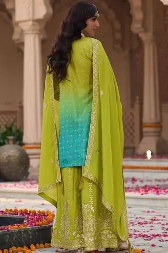 Women Ombre Embroidered Regular Kurta with Sharara & With Dupatta