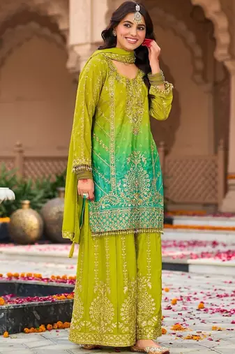 Women Ombre Embroidered Regular Kurta with Sharara & With Dupatta