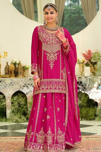 Floral Embroidered Sequinned Kurta With Sharara & Dupatta
