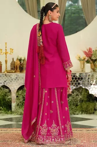 Floral Embroidered Sequinned Kurta With Sharara & Dupatta