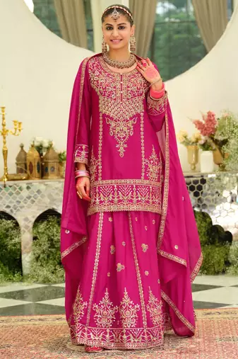 Floral Embroidered Sequinned Kurta With Sharara & Dupatta