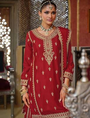 Adults-Women Woven Design Embroidered Kurta with Palazzos & Dupatta 1