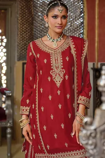 Adults-Women Woven Design Embroidered Kurta with Palazzos & Dupatta