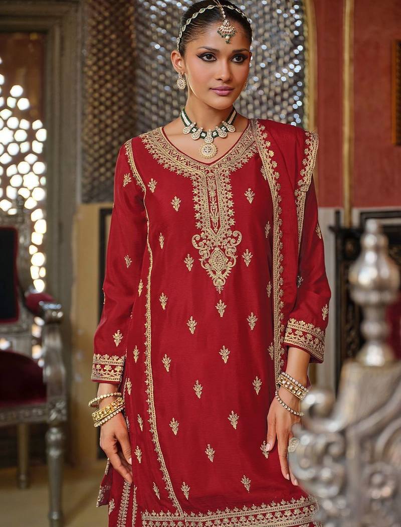 Adults-Women Woven Design Embroidered Kurta with Palazzos & Dupatta