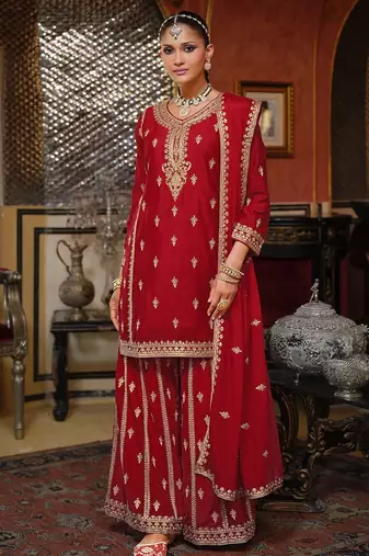Adults-Women Woven Design Embroidered Kurta with Palazzos & Dupatta