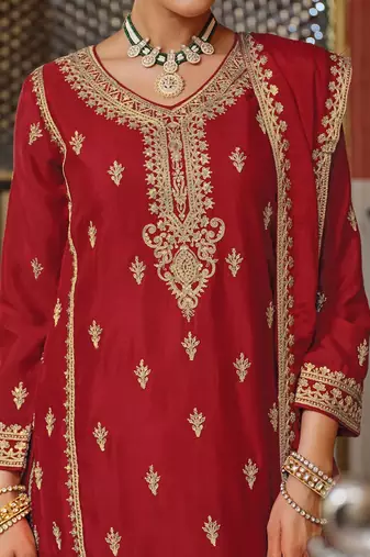 Adults-Women Woven Design Embroidered Kurta with Palazzos & Dupatta